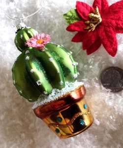 Christmas Ornament FLOWERING Golden Barrel CACTUS IN POT Glass 4.25 w/ Hanger - Picture 1 of 5