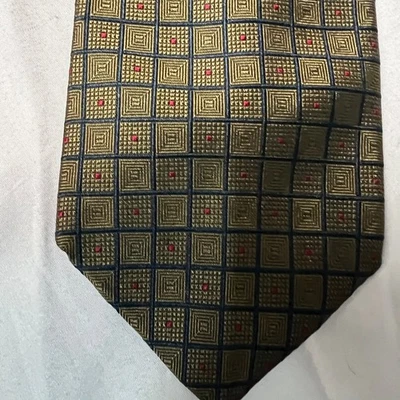 Corbata de seda Lands End para hombre patrón de azulejos cuadrados geométricos punto rojo dorado azul Foto 1 de 4