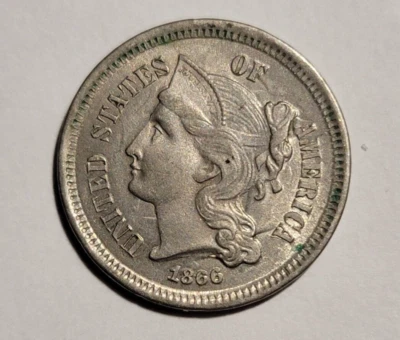 1866 3 Cent Nickel Major Die Clash - Image 1 of 2