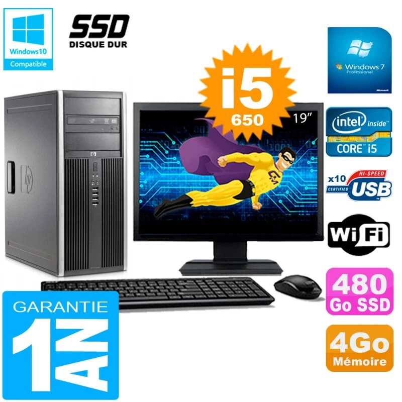 PC HP 8100 Tour Pantalla 19" Core I5-650 RAM 4Go SSD 480Go Grabador DVD Wifi W7 - Imagen 1 de 1
