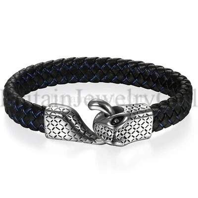 Pulsera trenzada de cuero vikingo de 8,26" con cierre de serpiente de acero inoxidable para hombre Foto 1 de 4