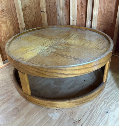 Vintage Howard 5500 group parquet oak coffee table. 40.5” x 16.5” round Cover