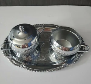 Irvinware Silverplate Creamer & Sugar Bowl w Lid 4pc Set & Tray Vintage USA EUC - Picture 1 of 5