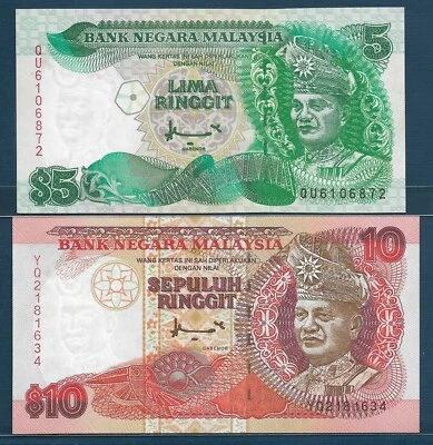 Malaysia 5 10 Ringgit 2 Pcs Lot, 1998 1995, P 35A 36, UNC - Image 1 of 2
