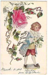 With True LOVE Rose Flowers Lilies Young Boy Embossed Vintage Postcard 1908 - Picture 1 of 2
