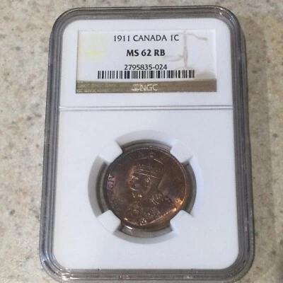 1911 Canada, George V, 1 Cent NGC MS62RB - Obverse & Reverse Toning-Beautiful! - Image 1 of 4