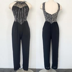 Vintage New Leaf Samir Black Silver Disco Halter Jumpsuit Evening Formal Catsuit - Picture 1 of 7
