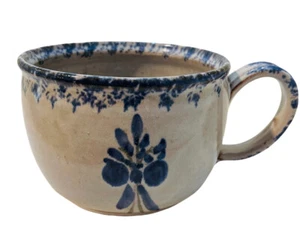 ML Owens Hand Crafted Pottery Soup Bowl Coffee Mug Blue Flowers Seagrove, NC - Picture 1 of 12