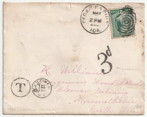 1888 CEDAR RAPIDS IOWA USA LIVERPOOL PACKET CDS TO WALES H/S 3d & T/15 CENTIMES - Picture 1 of 2