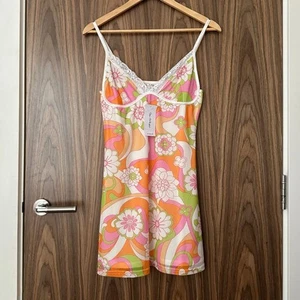 Miss Selfridge Orange Pink Groovy Floral Lace Trim Slip Mini Dress UK 12 NEW - Picture 1 of 6