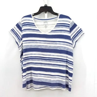 Camisa Croft & Barrow Mujer Talla Grande 2XL Azul Blanco Rayas Manga Corta Cuello en V Foto 1 de 4