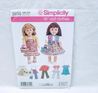 Simplicity 3936 18" Doll Clothes Sewing Fabric Pattern - Image 1 of 2