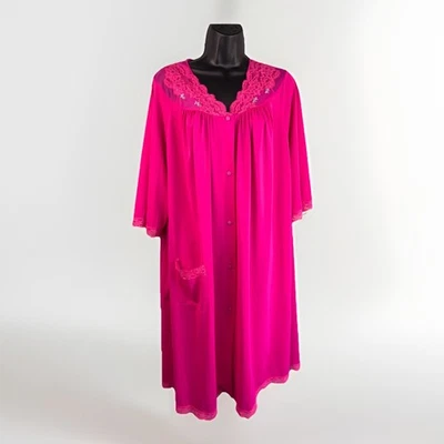 Vestido de noite vintage Shadowline 2X rosa brilhante roupão longo renda bordado bolso - Imagem 1 de 4