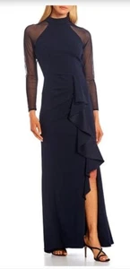 REDUCED NWT Betsy & Adam Mock Neck Long Sleeve Ruffle Slit Navy Stretch Gown 8  - Picture 1 of 4