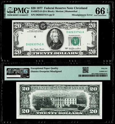 Misalignment Error FR.#2072-D 1977 $20 Federal Reserve Note,CLEVELAND  PMG 66EPQ - Image 1 of 2