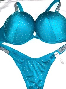 Victoria Secret Shine Strap Swim Thong Bombshell 2-cups Push-up Set Capri Sea L - Picture 1 of 5