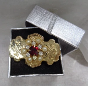 Estate Jewelry ~ Goldtone SEED PEARL Bar Style Pin with RED RHINESTONE Accent - Picture 1 of 9