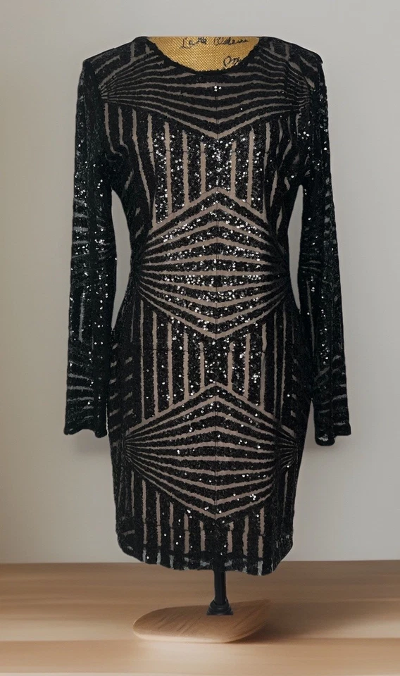 Adelyn Rae Negro Encaje Malla L Desnudo Forrado Manga Larga Cóctel Fiesta Mardi Gra Foto 1 de 4