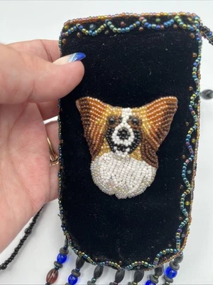 Vintage Handmade Corgi Dog Velvet Seed Bead Crossbody Pouch Purse 5.5"×2.75" - Image 1 of 4