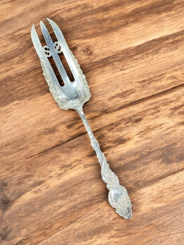 Tenedor para servir pastelería Columbia Roger plateado 1893 estilizado delfín sin monograma Foto 1 de 4