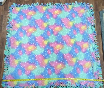 NEW Handmade Fleece Throw Tie Blanket 2 Sided 55"x56" Pastel Tie-dye Green Back - Image 1 of 3