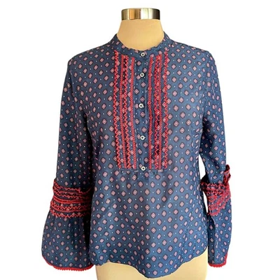 J. Top Crew Azul Marino Rojo Geométrico Algodón Seda Manga Campana Talla 10 Ropa de Trabajo Preppy Foto 1 de 4