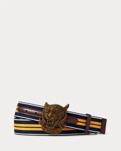 NEW POLO RALPH LAUREN TIGER-BUCKLE COLLEGIATE-Inspired Striped WEBBED Belt Sz 32 - Picture 1 of 8