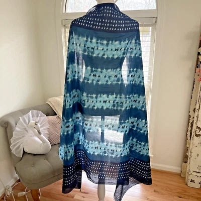 NWT Echo Women's Blue Tie Dye Shell Embellished Cotton Fringe Wrap Scarf 42"x64" - Image 1 of 4