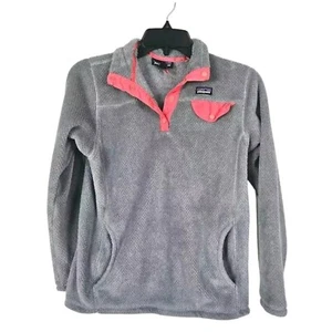 Patagonia Fleece Sweater Snap Pullover Gray and Coral Girl's Size L (12) - Picture 1 of 11