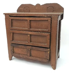 Antique Wooden Hand Carved Tramp Art Table Top Dresser 3 Drawers Needs Repair - Picture 1 of 24