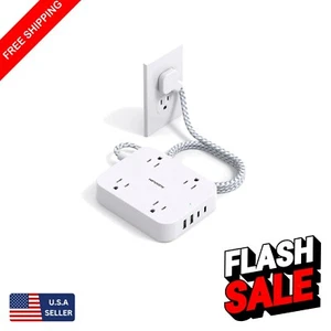 5ft Flat Plug Extension Cord with 4 USB Ports - Ideal Travel Power Strip - Picture 1 of 9