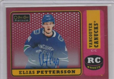 2018 19 OPC Platinum Retro Rainbow Red Autograph Elias Pettersson Rookie Canucks - Image 1 of 2