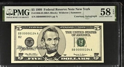 1999 $5 Federal Reserve Note New York Fr #1987-B PMG 58 EPQ Autograph LOW SERIAL - Image 1 of 2