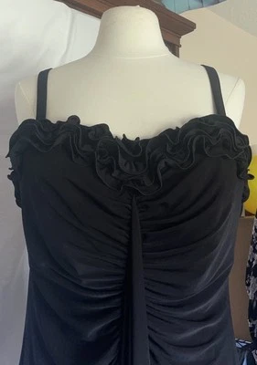 Onyx Nite Sz 16 Evening Ball Gown Ruffled Bodice Ruched Front Waterfall Draping - Image 1 of 4