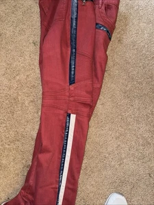 BALMAIN Paris Jeans Mens 38x32 Red & Denim VTG Biker Moto Zipper Pockets Jeans - Picture 1 of 16
