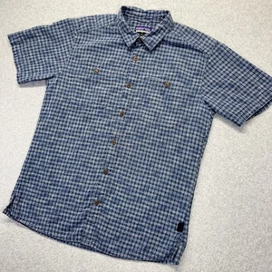 Patagonia Button Up Shirt Mens Medium M Blue Back Step Hemp Cotton Short Sleeve - Picture 1 of 11