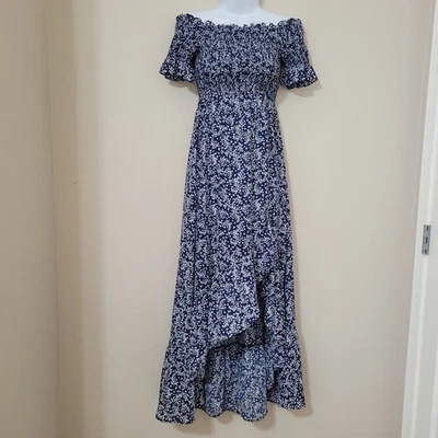 Lulus Blue White Floral Lightweight Flowy Off Shoulder Maxi Dress Womens Sz XXS - Image 1 of 4