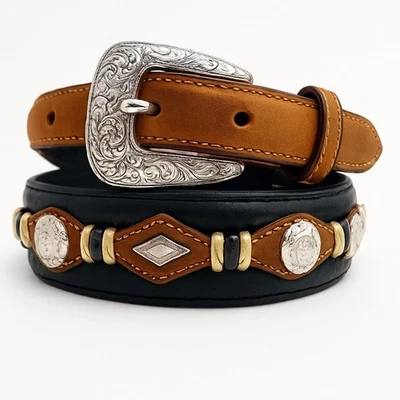 Винтажный Justin кожаный ремень 745BB размер 34 Conchos ковбой ранчо коричневый черный - Изображение 1 из 4