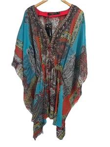 New Kaftan Short Embellished Beaded Top Resort Cover Up Sz Small - Picture 1 of 6