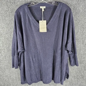 Garnet Hill 100% Linen Shirt Top Sweater Navy Blue Size Large 3/4 Sleeve NEW - Picture 1 of 7