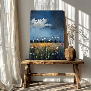 Blumenfeild & dunkler Himmel Sturmwolken Ölgemälde auf Leinwand Wandbild Kunstdruck - Bild 1 von 11