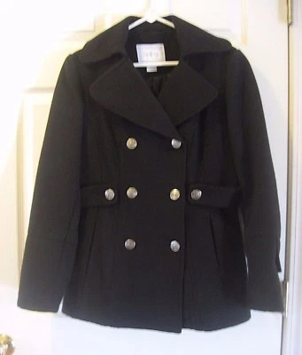 Chaquetón negro vintage para mujer M mezcla de poliéster ¡PARECE LANA lavado a máquina usado en excelente estado! Foto 1 de 4