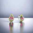 Pink Flower Enamel 925 Sterling Silver Hoop Rhodium Plated CZ Earrings -14x9 mm