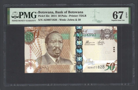 Botswana 50 Pula 2014 P32c Uncirculated Grade 67 Cover