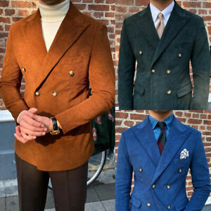 Men's Corduroy Suit Jacket Slim Fit Double Breasted Groom Formal Wedding Tuxedo