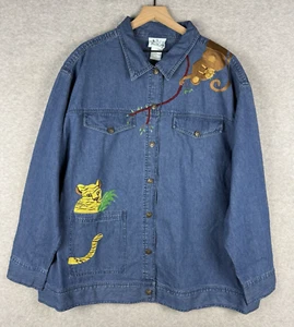 Quacker Factory Jacket Womens 3X Blue Denim Jungle Animals Safari Beaded NEW - Picture 1 of 11