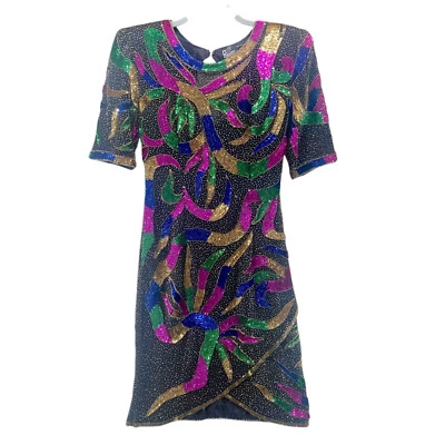 Vintage Beaded Sequined Dress Small Multi 100% Silk Sheath Precious Moments  - Image 1 of 4