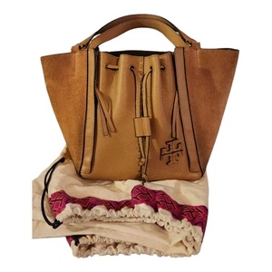 Tory Burch McGraw Dragonfly Drawstring Tote Shopper Tan Suade Bag Used READ - Picture 1 of 19