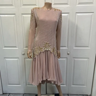 VTG 80-s Beaded Sequin Flapper Formal Dress Dusty Rose Size L-XL Long Sleeve - Image 1 of 4