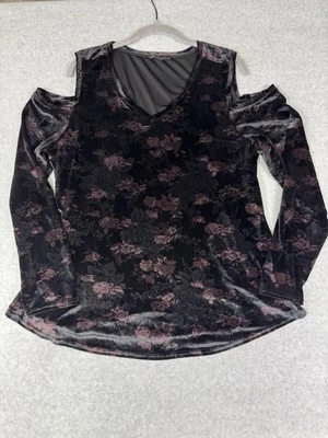 DG2 Whimsigoth romantic fairycore velvet Cold Shoulder L Floral Textured V-neck - Image 1 of 4